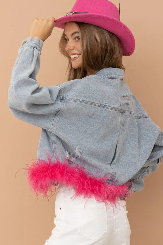 Hot Pink Denim Oversized Fur Crop Denim Jacket