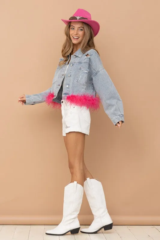 Hot Pink Denim Oversized Fur Crop Denim Jacket