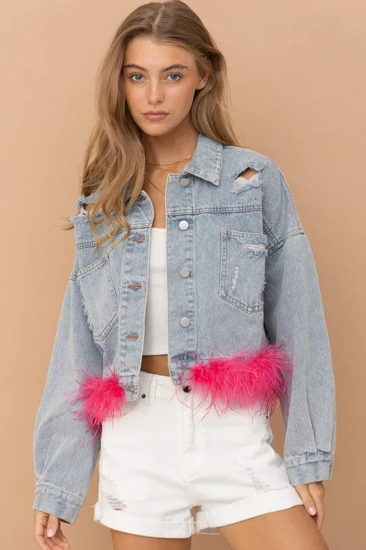 Hot Pink Denim Oversized Fur Crop Denim Jacket