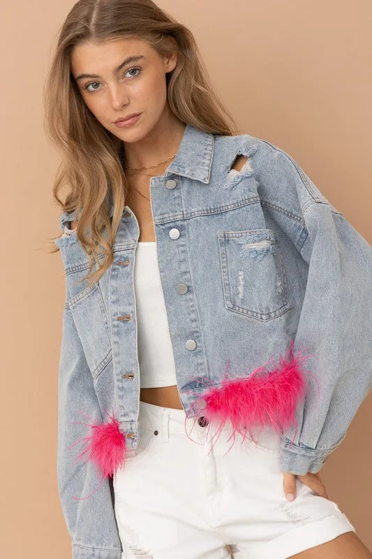 Hot Pink Denim Oversized Fur Crop Denim Jacket