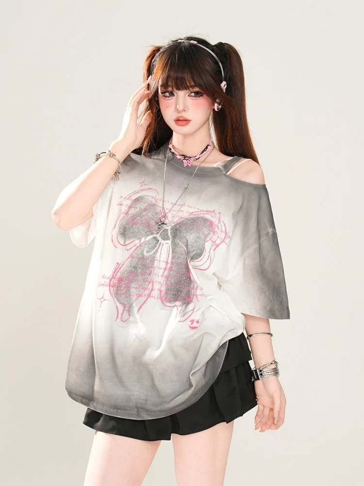 Korean-Style Bow Print Off-Shoulder Gray Top