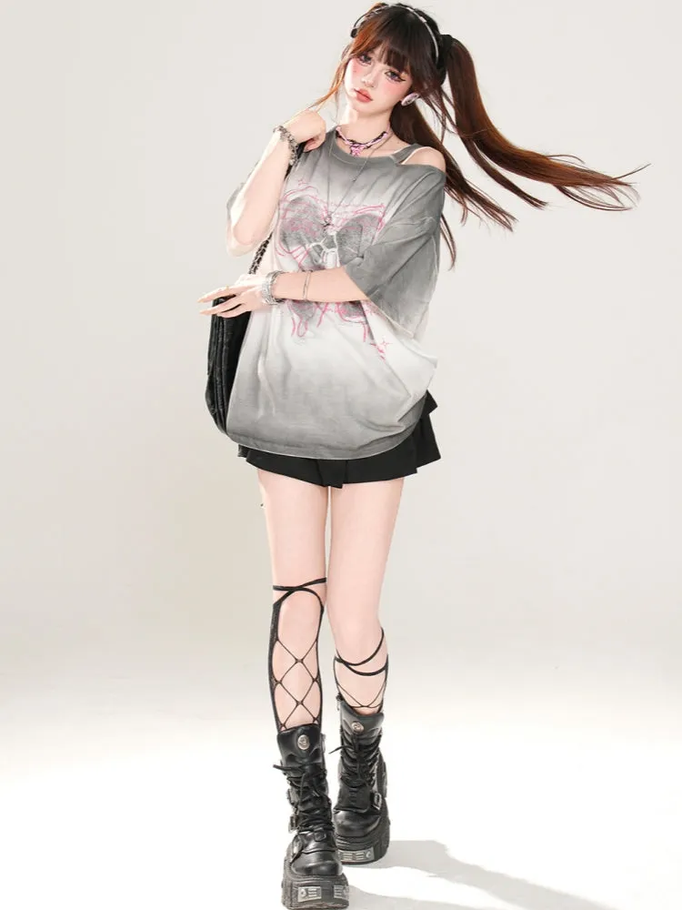Korean-Style Bow Print Off-Shoulder Gray Top