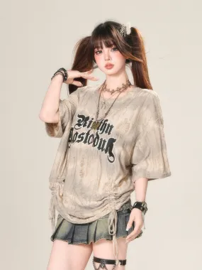 Korean-Style Lazy Vibe Drawstring Loose Distressed Top