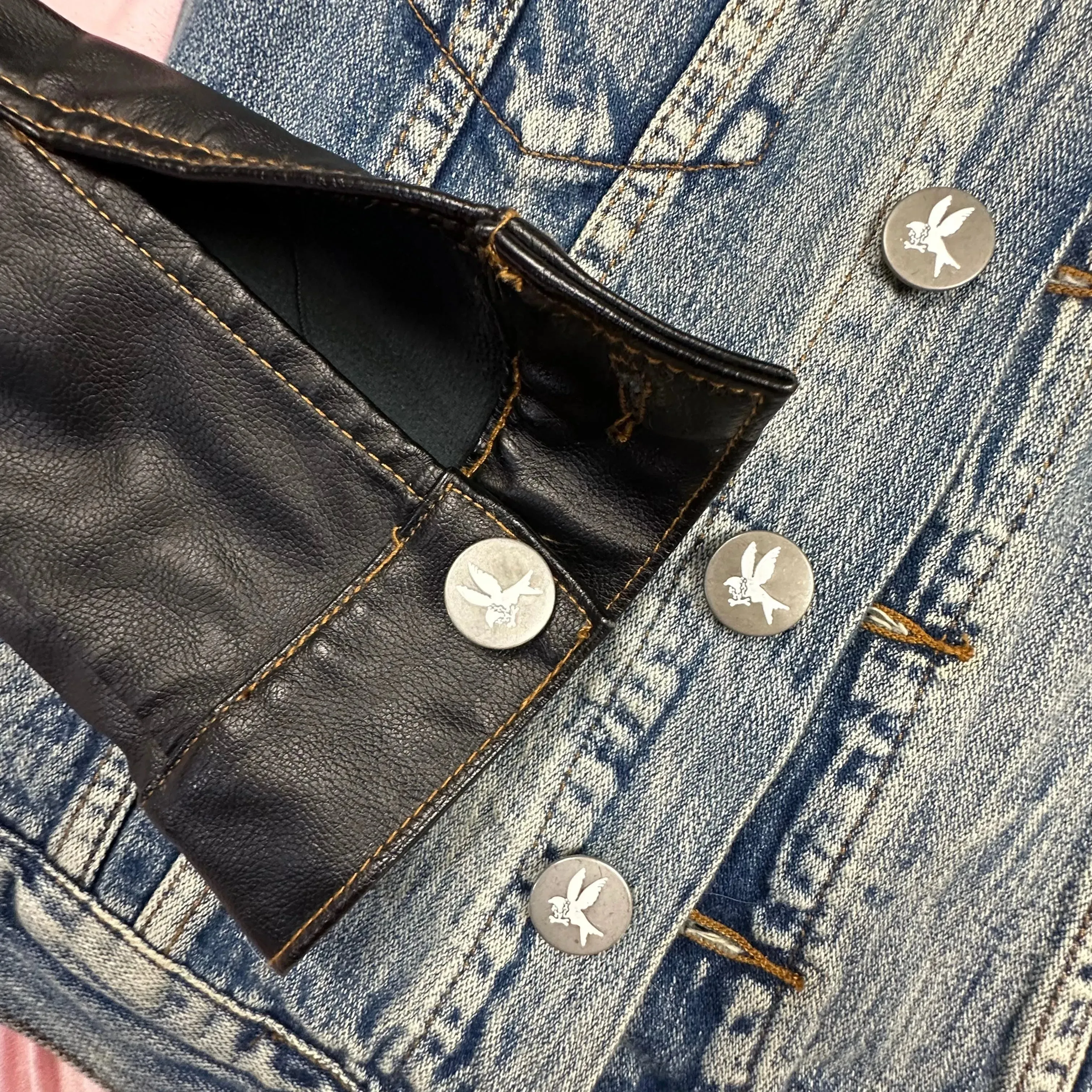 One by One Teaspoon Faux Leather Sleeve Denim Jacket - Size S