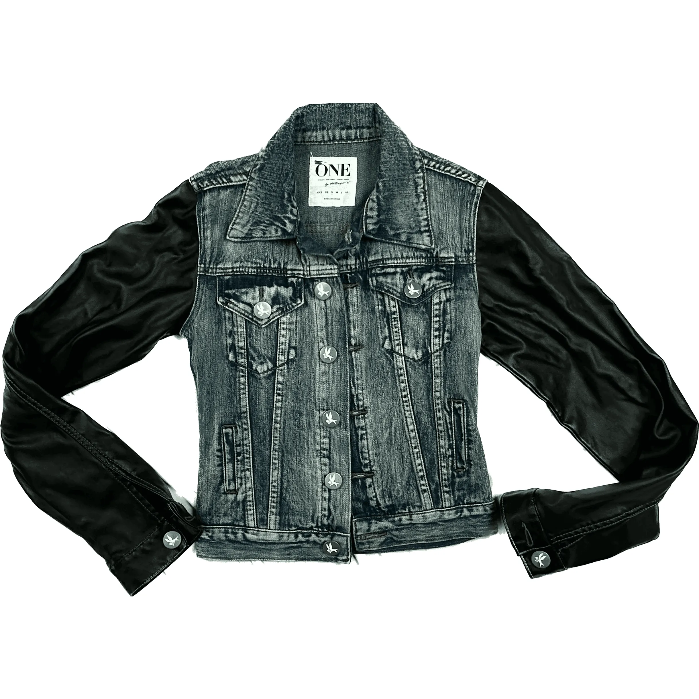 One by One Teaspoon Faux Leather Sleeve Denim Jacket - Size S