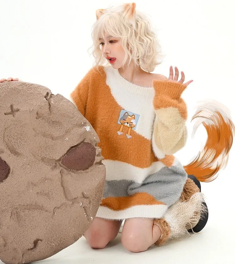 Orange Cartoon Cat Contrast Color Off-Shoulder Sweater