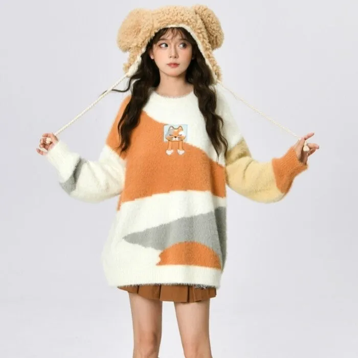 Orange Cartoon Cat Contrast Color Off-Shoulder Sweater