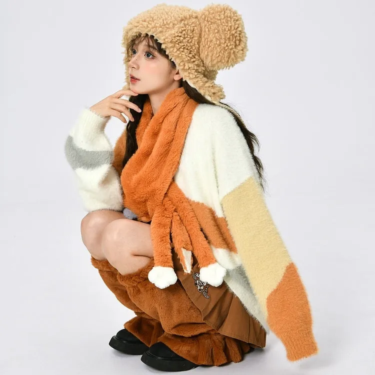 Orange Cartoon Cat Contrast Color Off-Shoulder Sweater