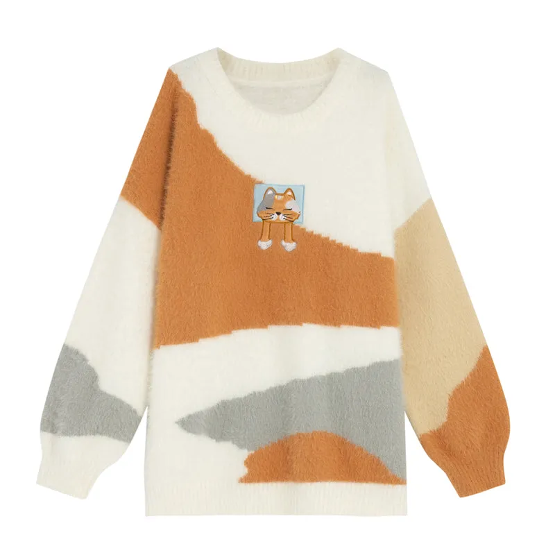 Orange Cartoon Cat Contrast Color Off-Shoulder Sweater