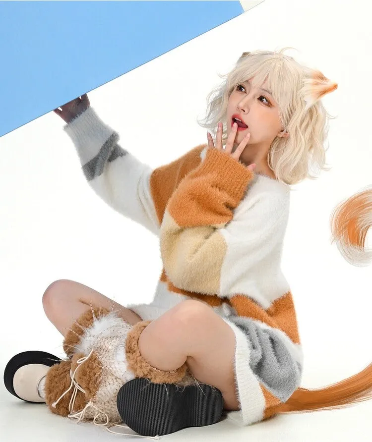 Orange Cartoon Cat Contrast Color Off-Shoulder Sweater