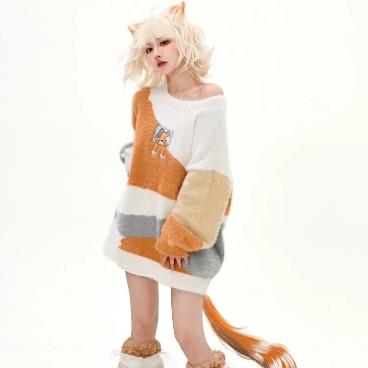 Orange Cartoon Cat Contrast Color Off-Shoulder Sweater