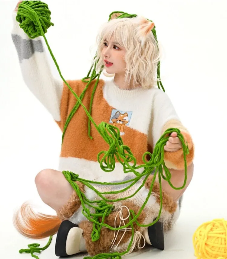 Orange Cartoon Cat Contrast Color Off-Shoulder Sweater