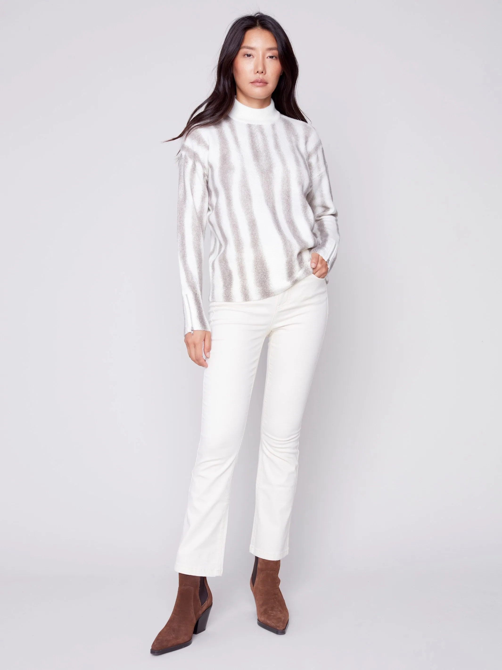 Printed Mock Neck Sweater with Zipper Detail - Ecru