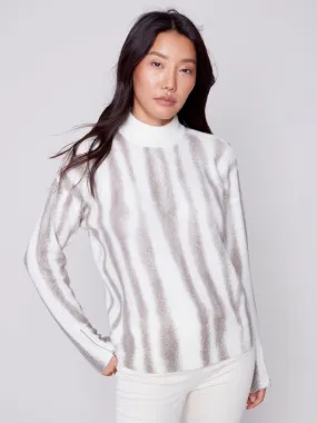 Printed Mock Neck Sweater with Zipper Detail - Ecru