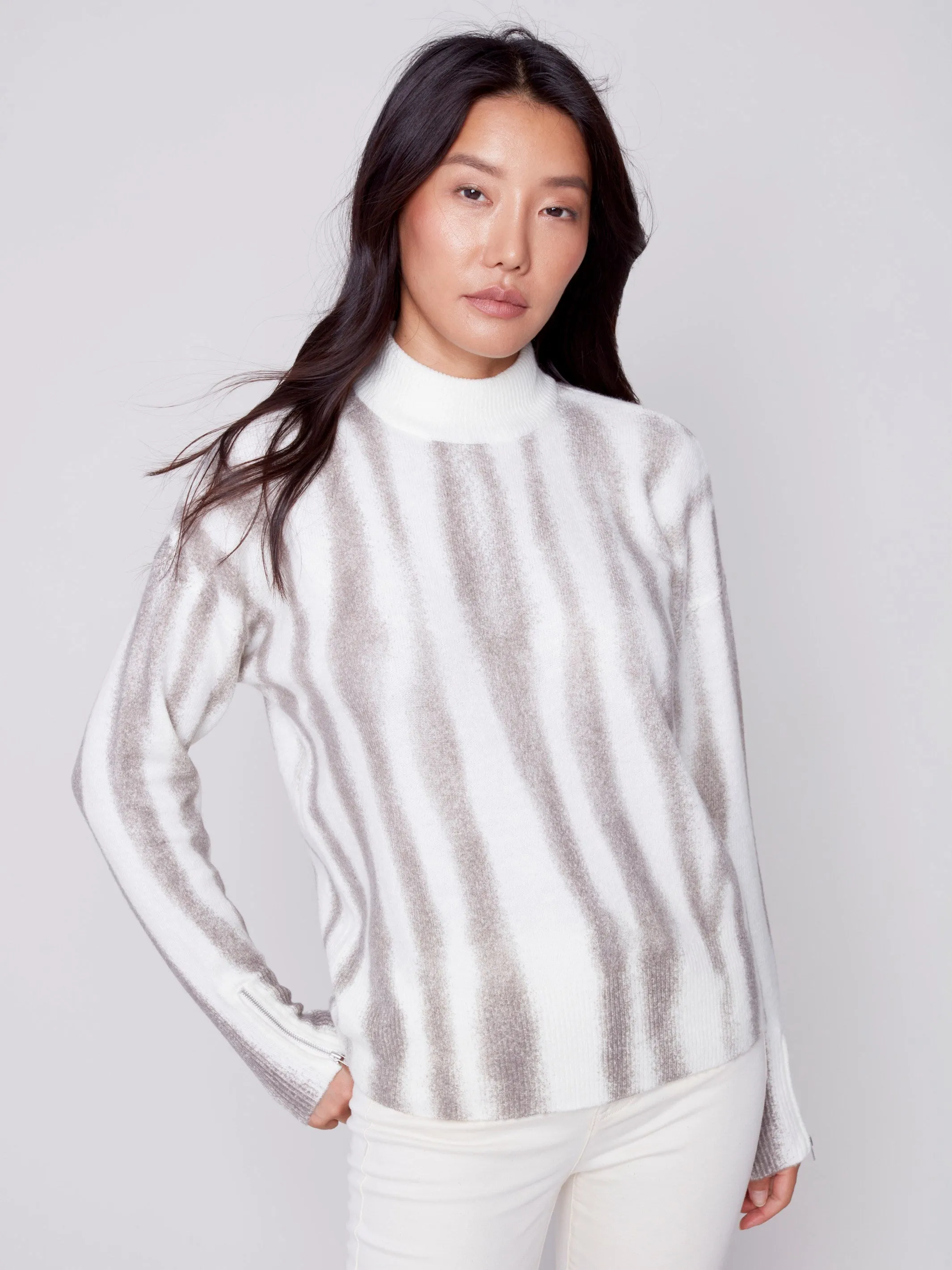 Printed Mock Neck Sweater with Zipper Detail - Ecru