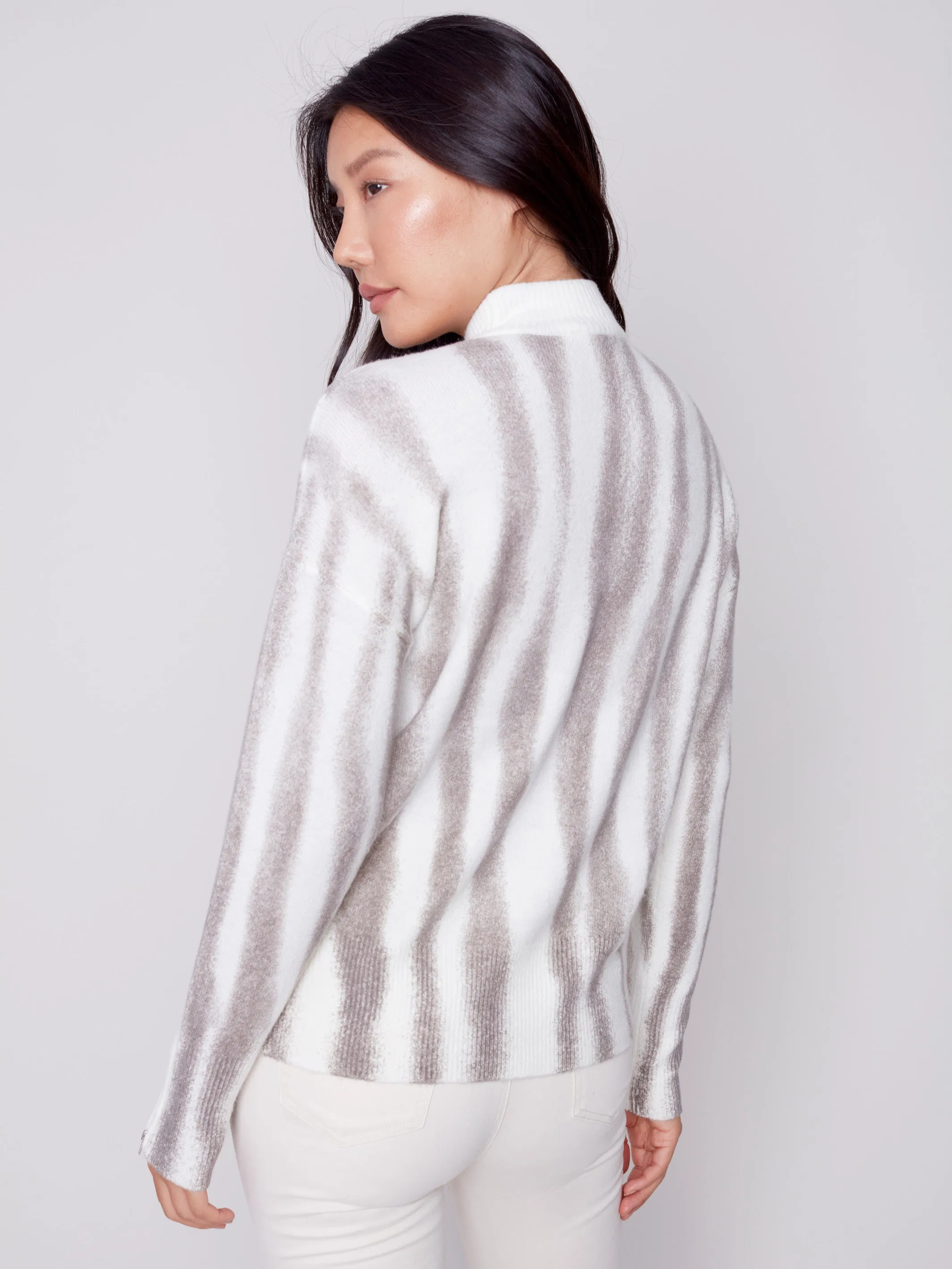 Printed Mock Neck Sweater with Zipper Detail - Ecru