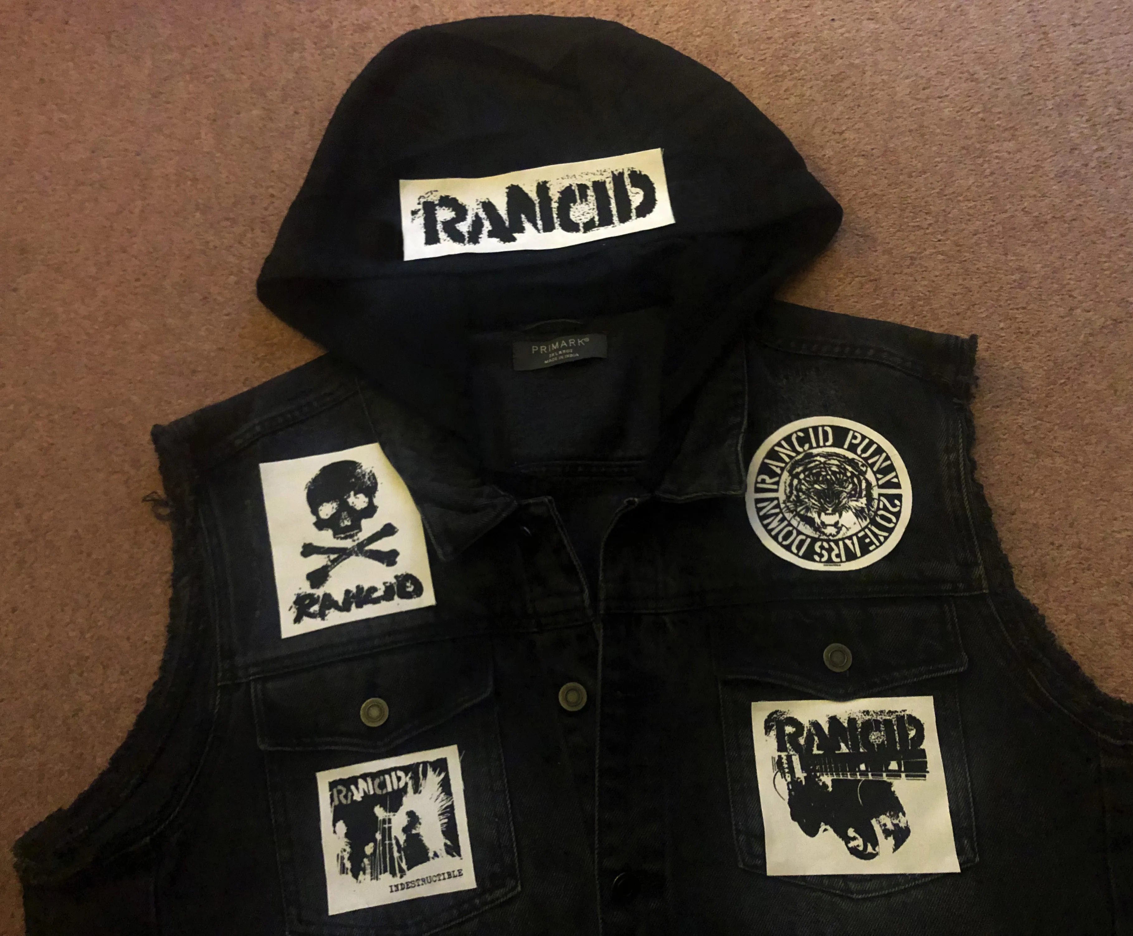 Rancid Punx 20 Years Down Hooligans Punk Rock Denim Cut-Off Hooded Battle Jacket