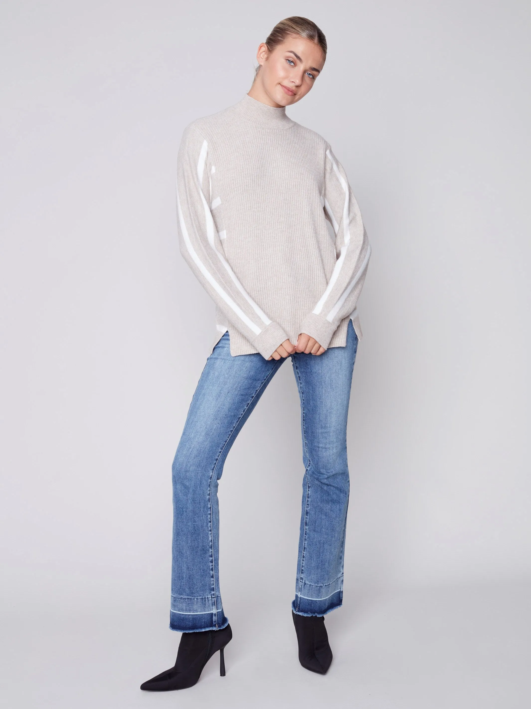 Striped Mock Neck Sweater - Truffle