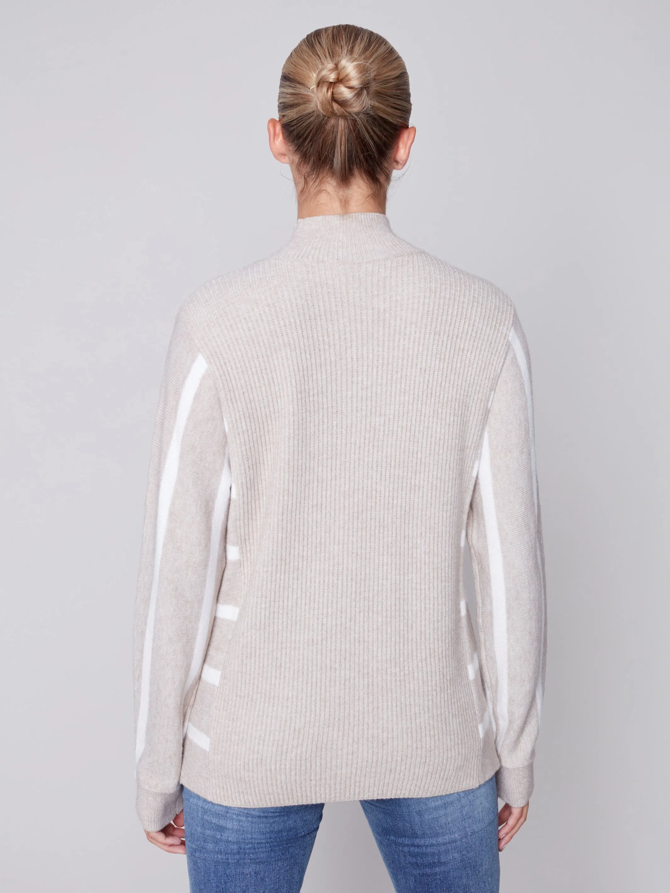 Striped Mock Neck Sweater - Truffle