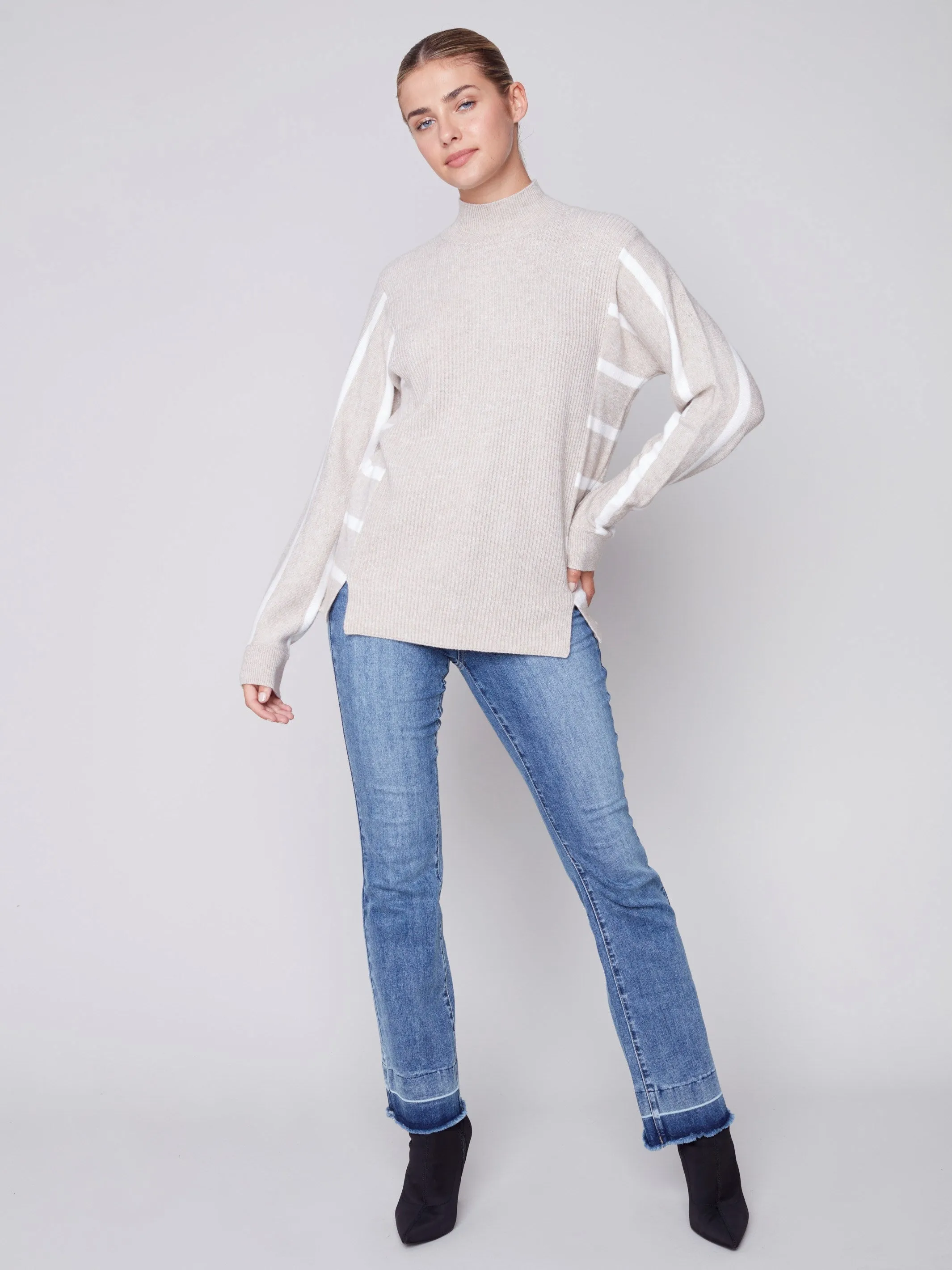 Striped Mock Neck Sweater - Truffle