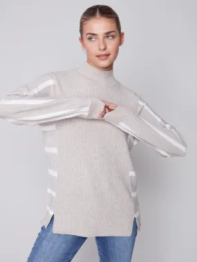 Striped Mock Neck Sweater - Truffle