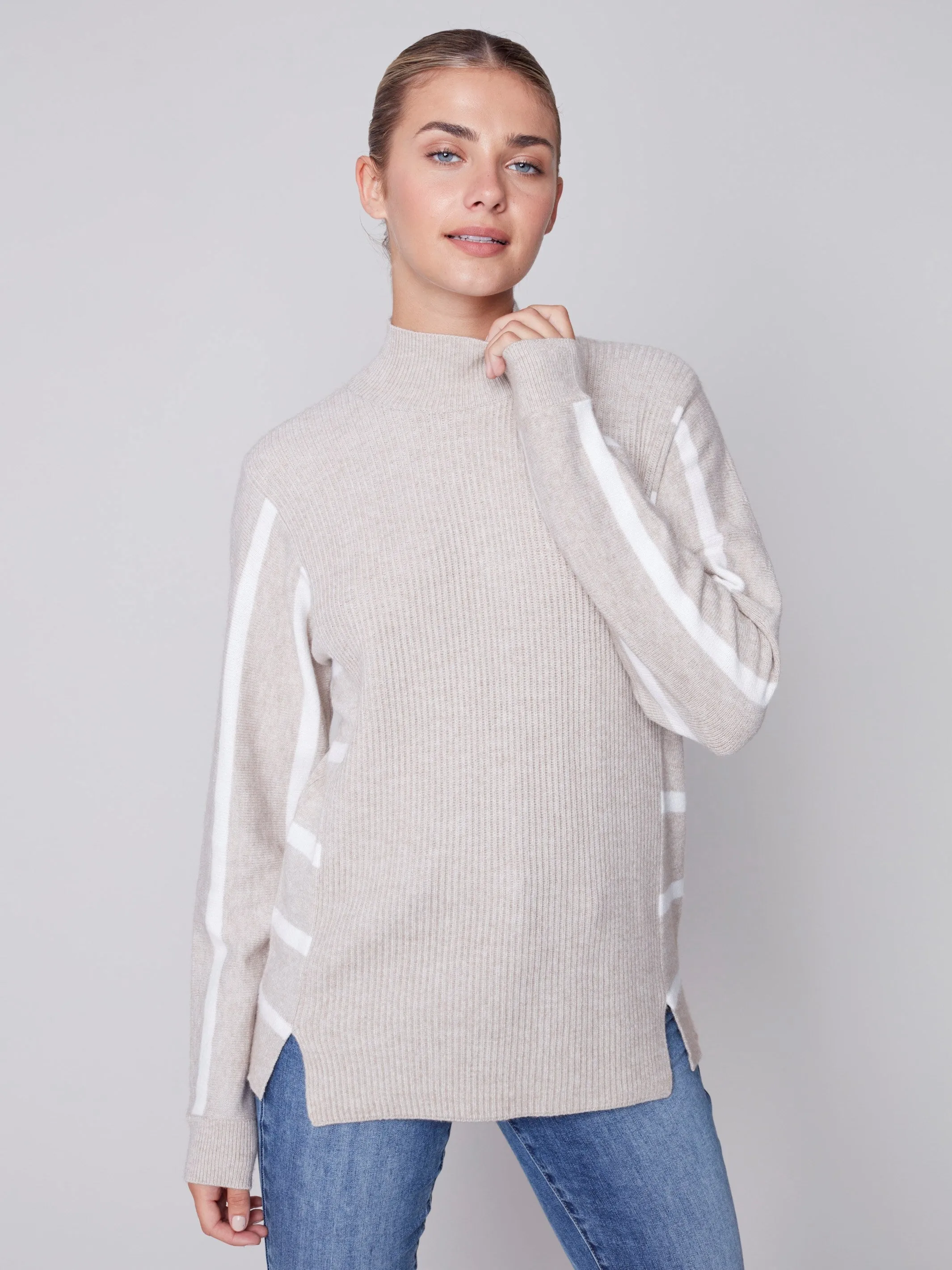 Striped Mock Neck Sweater - Truffle