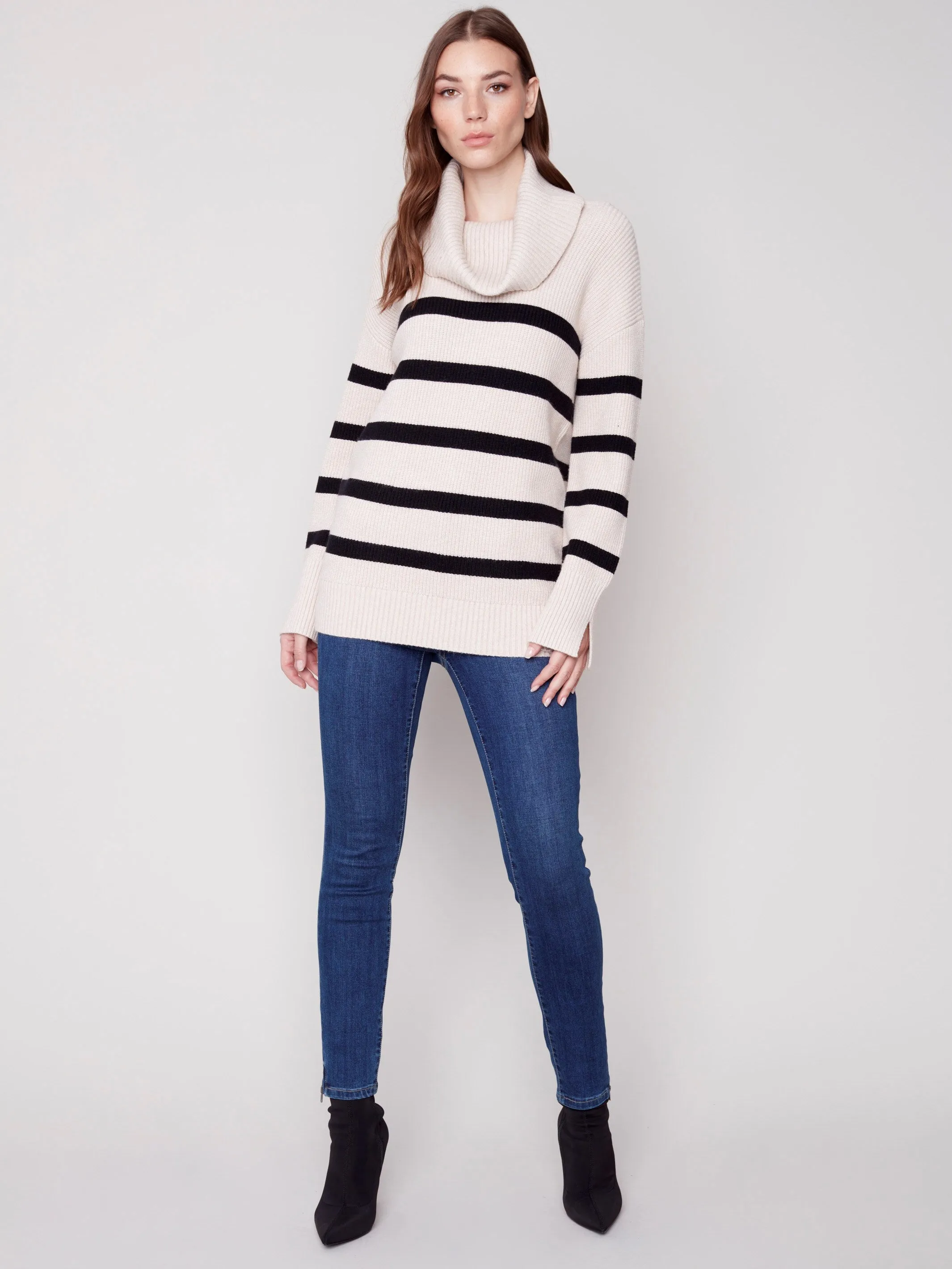 Striped Sweater with Cowl Neck - Almond
