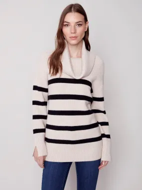 Striped Sweater with Cowl Neck - Almond