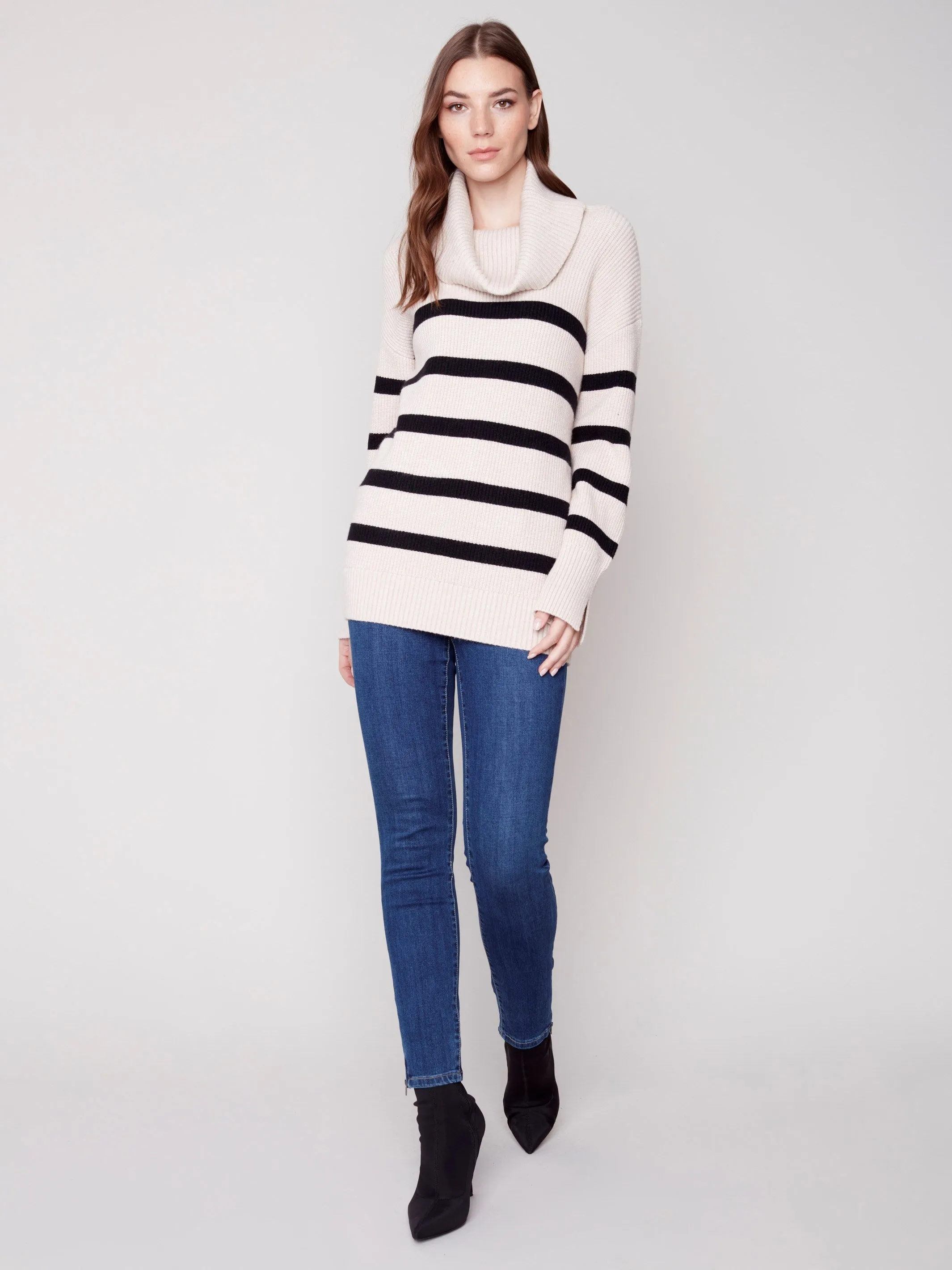 Striped Sweater with Cowl Neck - Almond