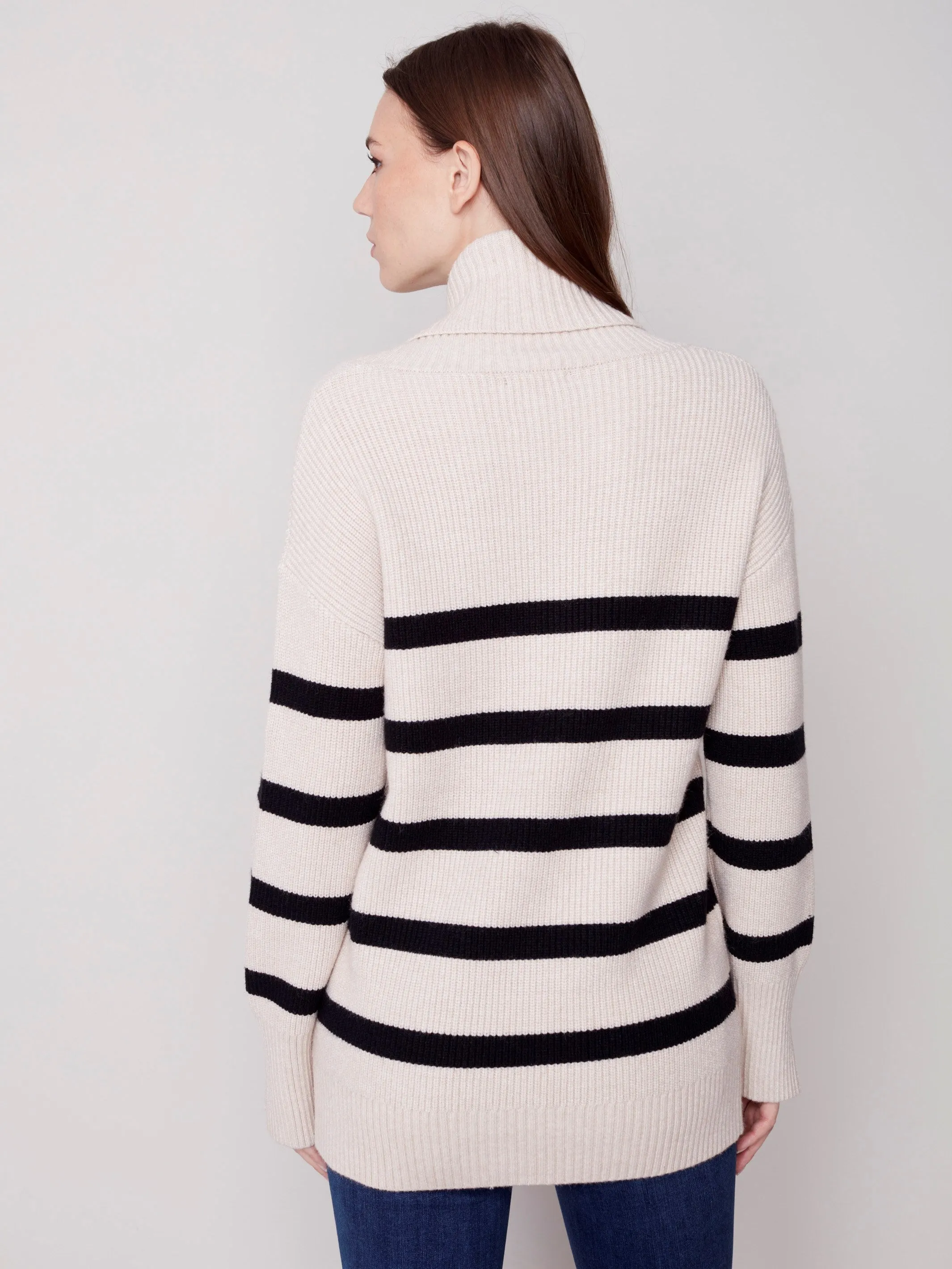 Striped Sweater with Cowl Neck - Almond