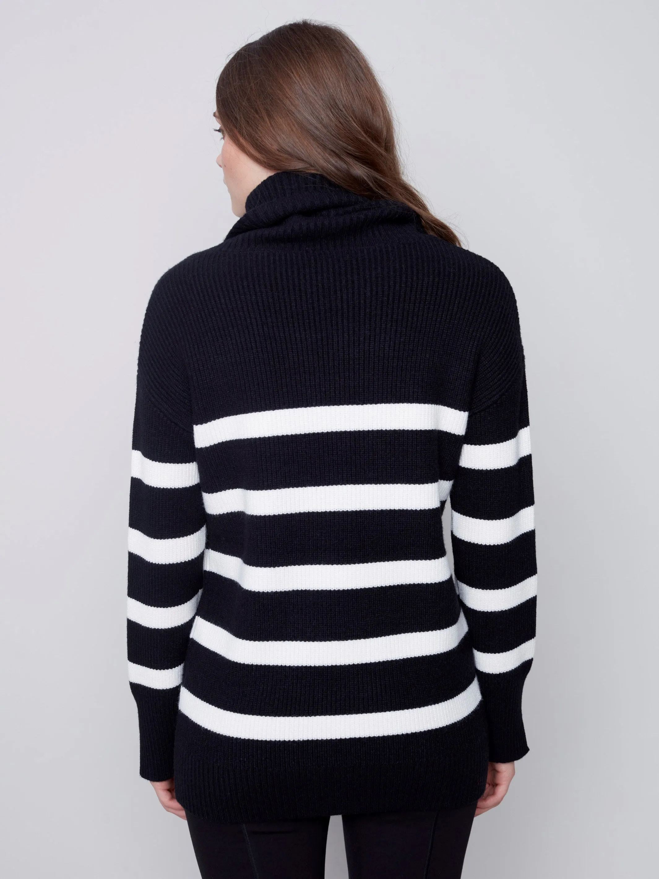 Striped Sweater with Cowl Neck - Black