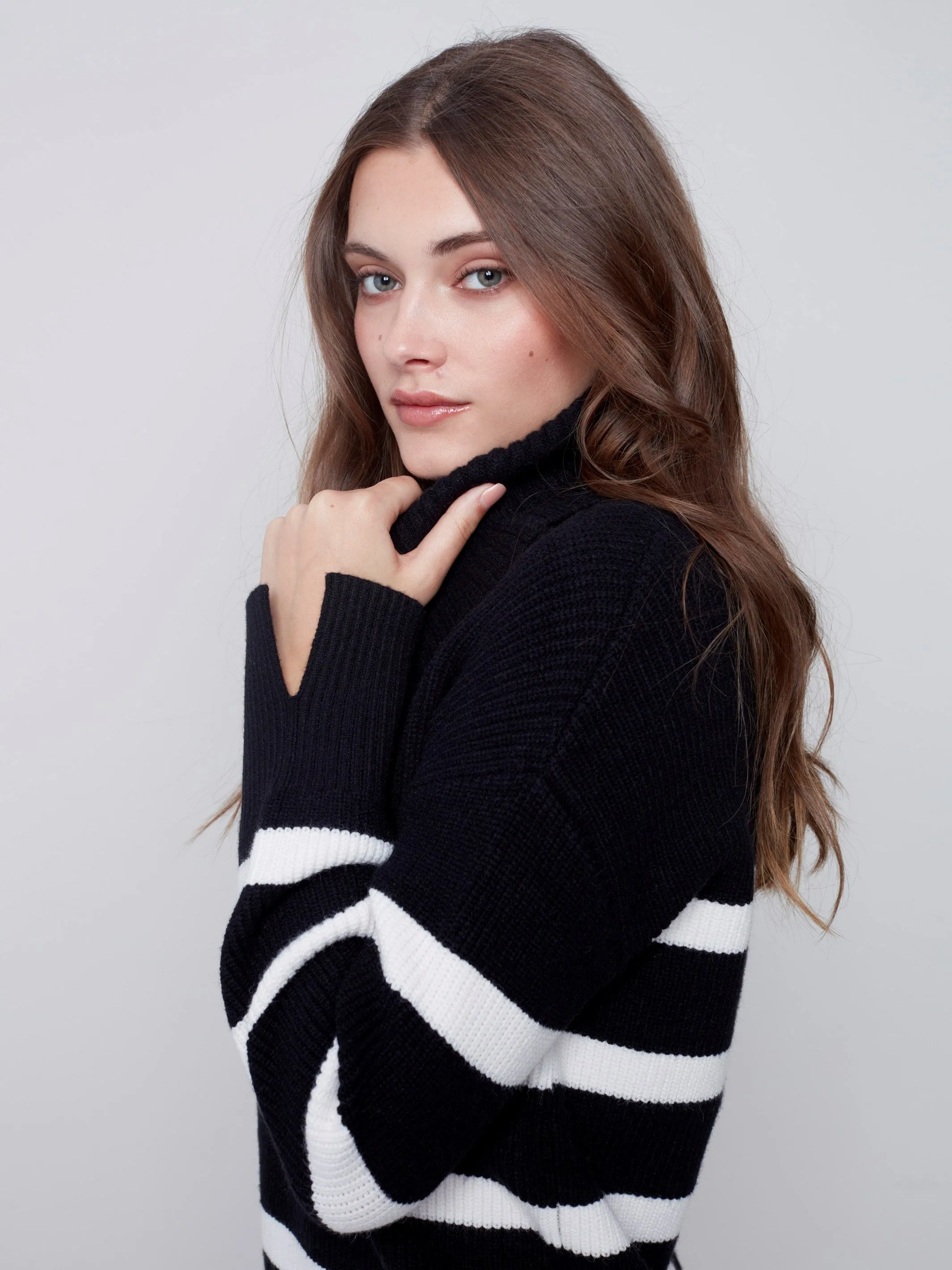 Striped Sweater with Cowl Neck - Black