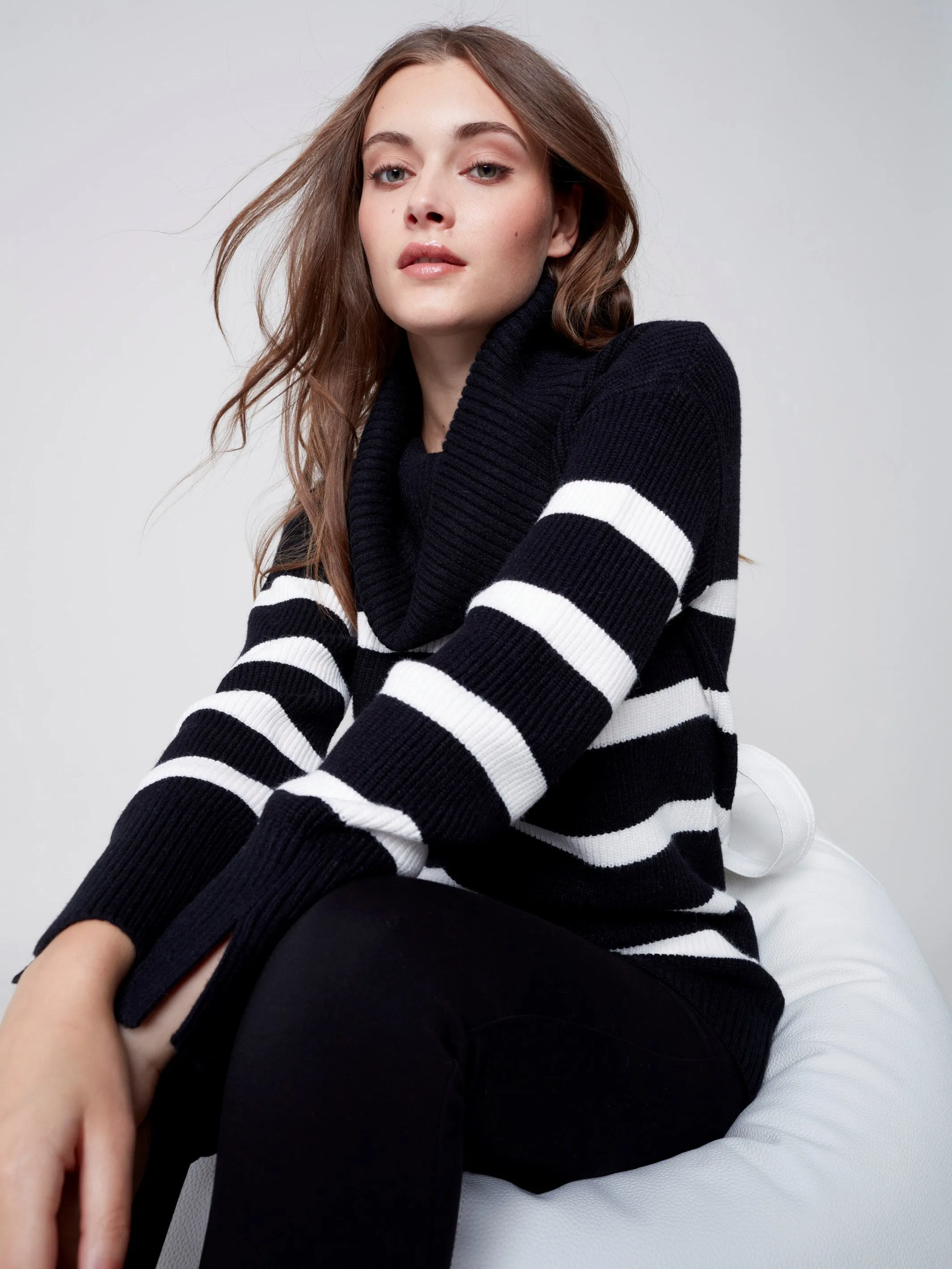Striped Sweater with Cowl Neck - Black
