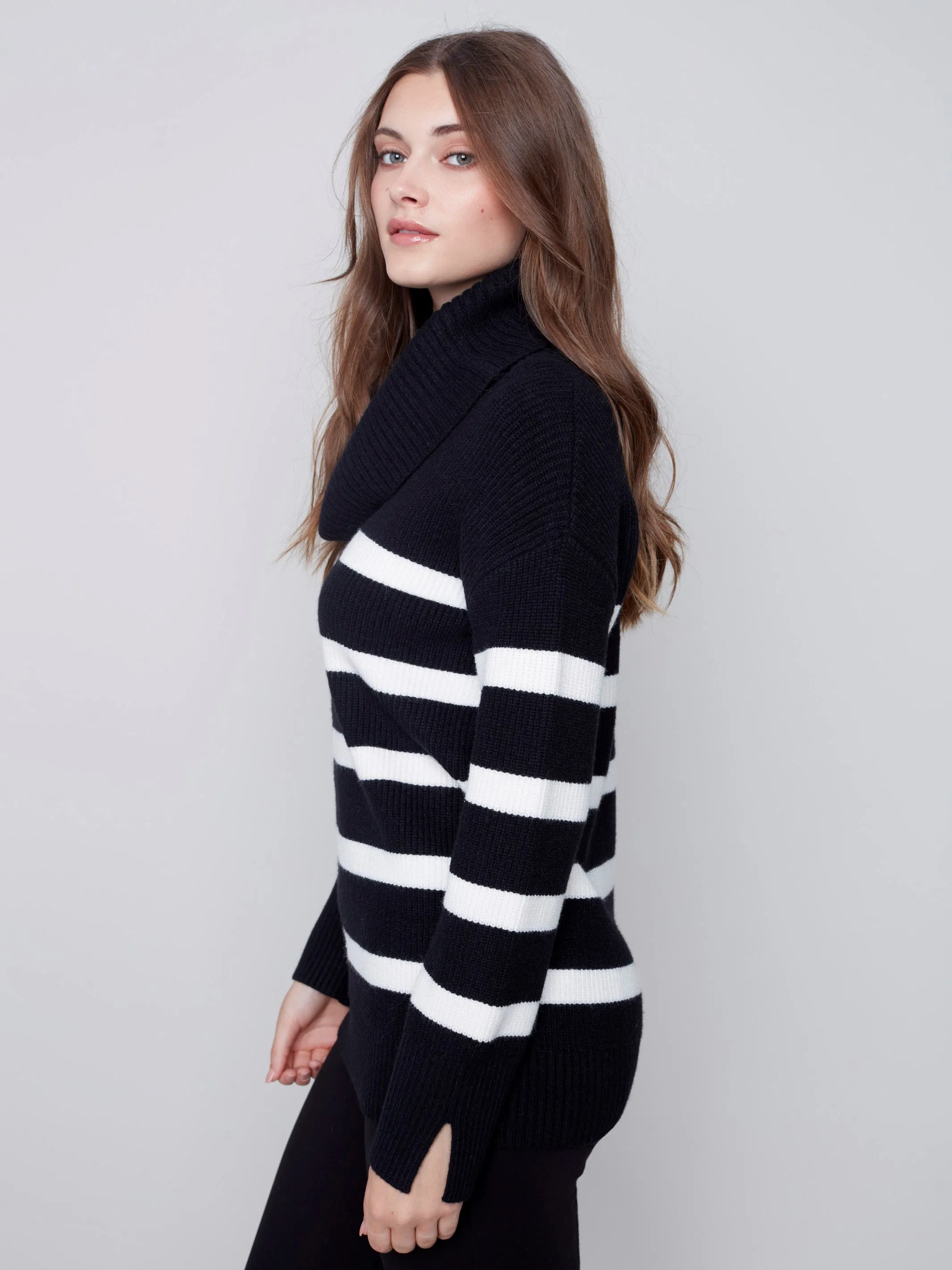 Striped Sweater with Cowl Neck - Black