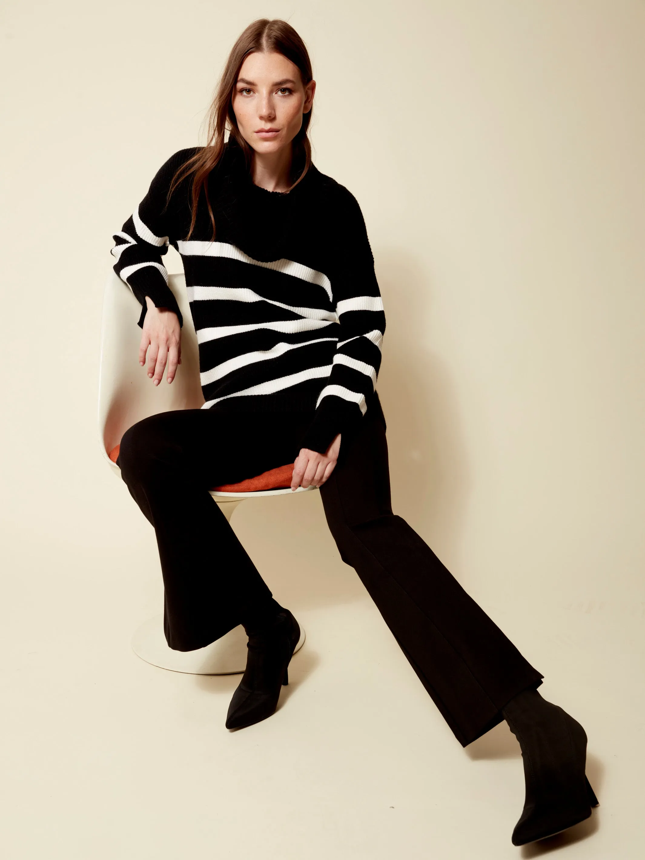 Striped Sweater with Cowl Neck - Black