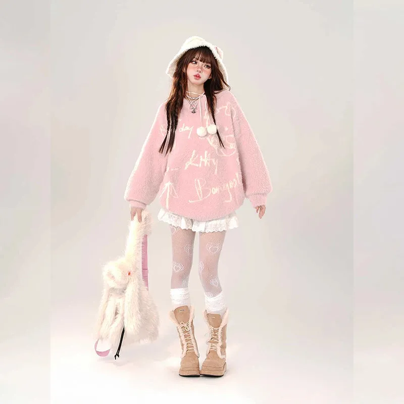 Sweet Girl Style Loose Pink Hello Kitty Embroidered Sweater