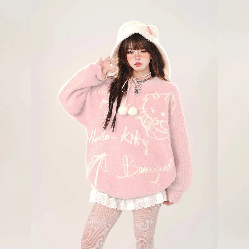 Sweet Girl Style Loose Pink Hello Kitty Embroidered Sweater