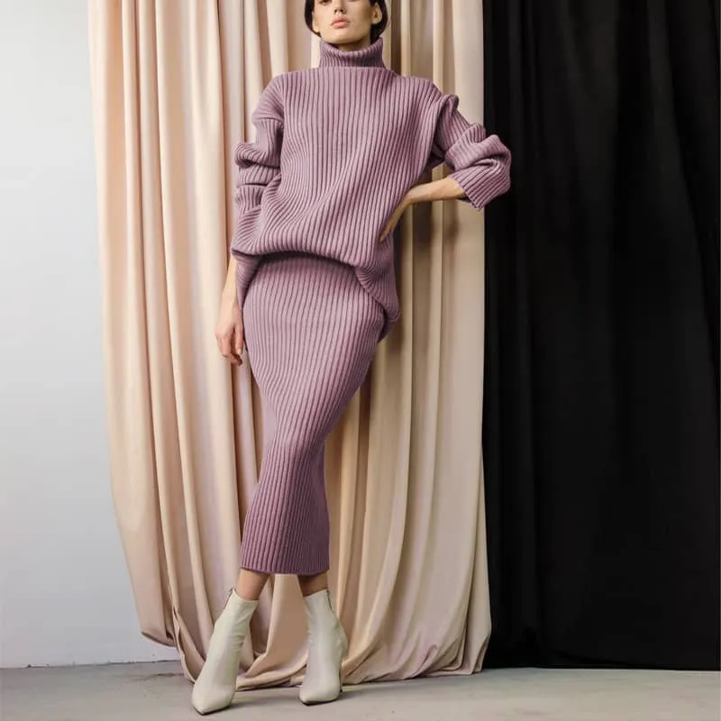 Turtleneck sweater skirt two-piece set