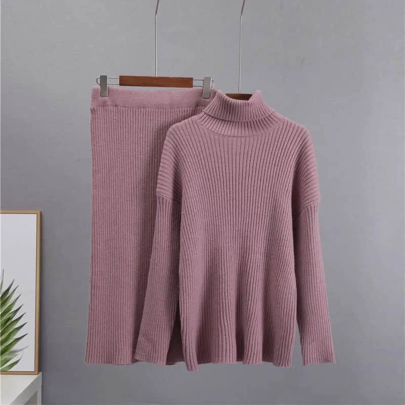 Turtleneck sweater skirt two-piece set