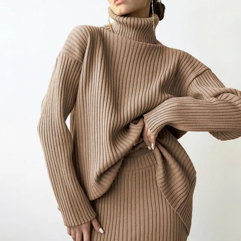 Turtleneck sweater skirt two-piece set